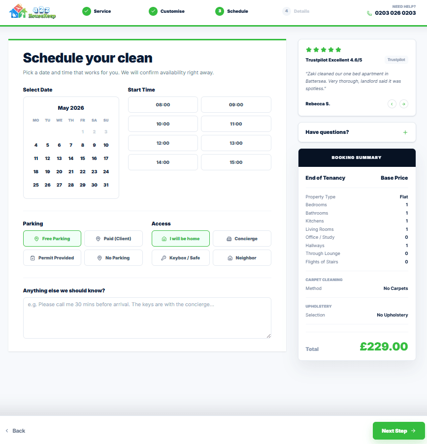 Booking schedule and price summary screen